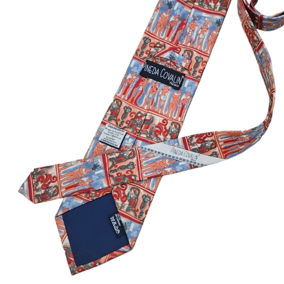PINEDA COVALIN Salmon/Blue TEMPLE OF BONAMPAK Silk LUXURY Tie MEXICO - Picture 3 of 3